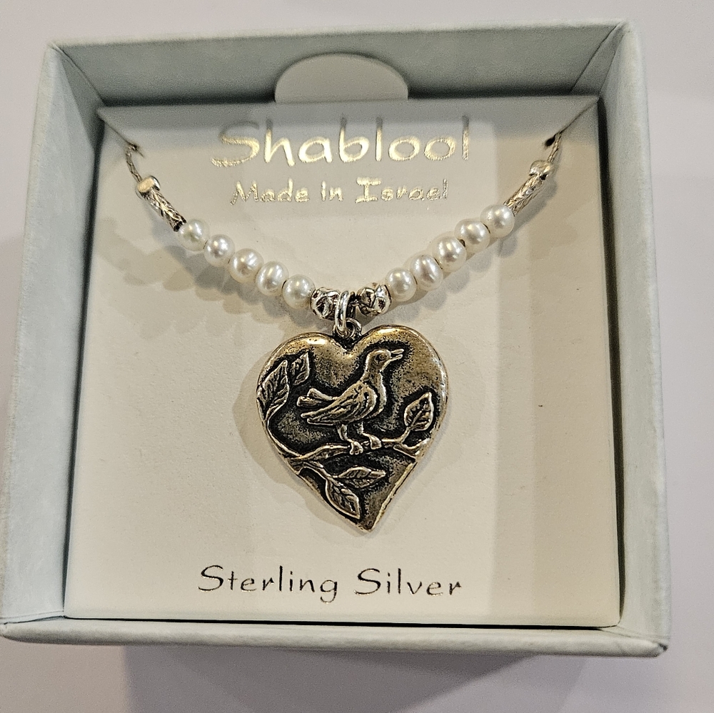 Shablool didae Sterling silver and pearl bird heart necklace